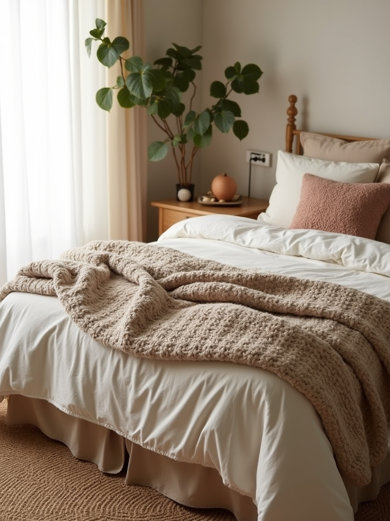 “Beige bedroom emphasizing textured textiles such as linen bedding, chunky knit throws, and velvet pillows to enhance visual interest and comfort.”