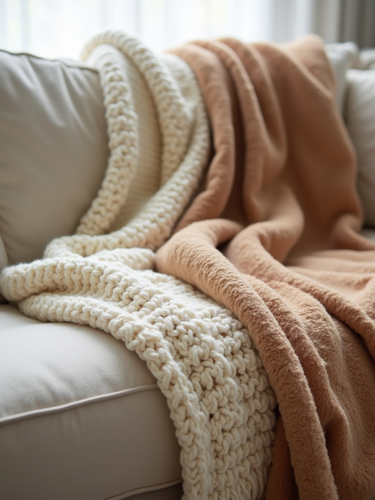 Close-up of textured throw blankets, including a chunky knit and faux fur, draped on a boho living room sofa for warmth and texture.