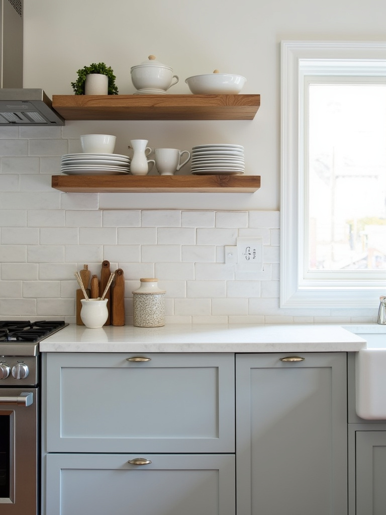 Modern kitchen with open shelving displaying stylish white dishes and glassware.