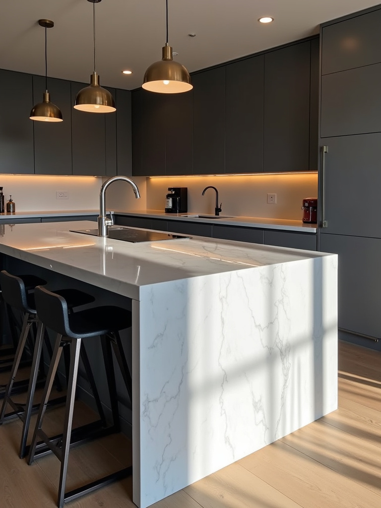 Modern kitchen island with a stunning white quartz waterfall countertop and dark grey cabinets.
