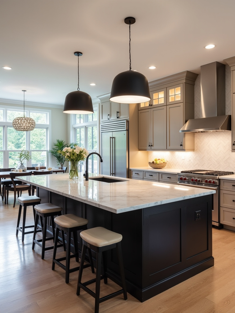 Kitchen island serving as the heart of the home, a large black island with a white marble countertop and statement pendant lights as the central focus.