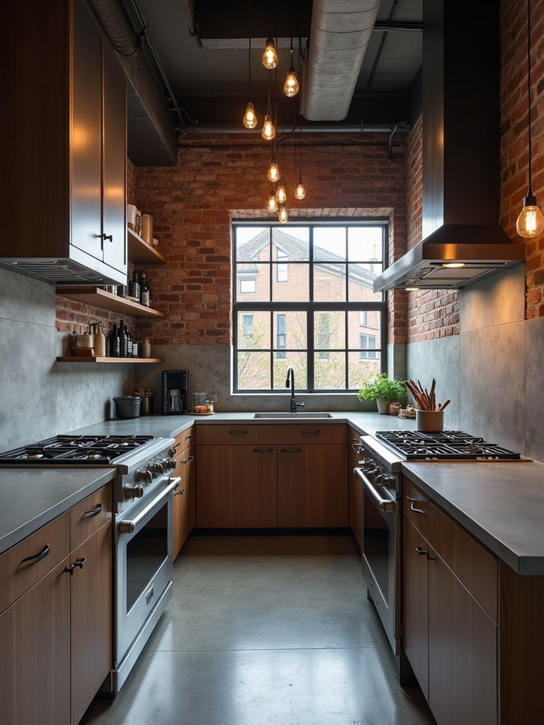 Modern kitchen featuring durable and chic grey concrete countertops and dark wood cabinets.