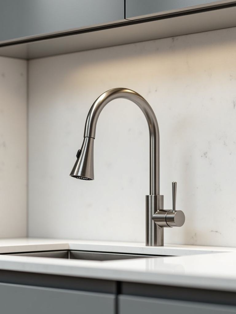 Close-up of a modern stainless steel touchless kitchen faucet at a white quartz countertop sink.