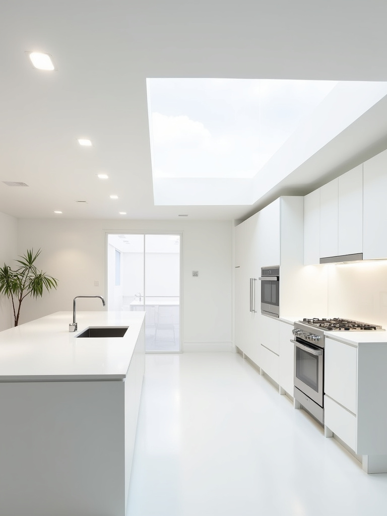 Minimalist modern kitchen with an all-white neutral color palette and stainless steel appliances.
