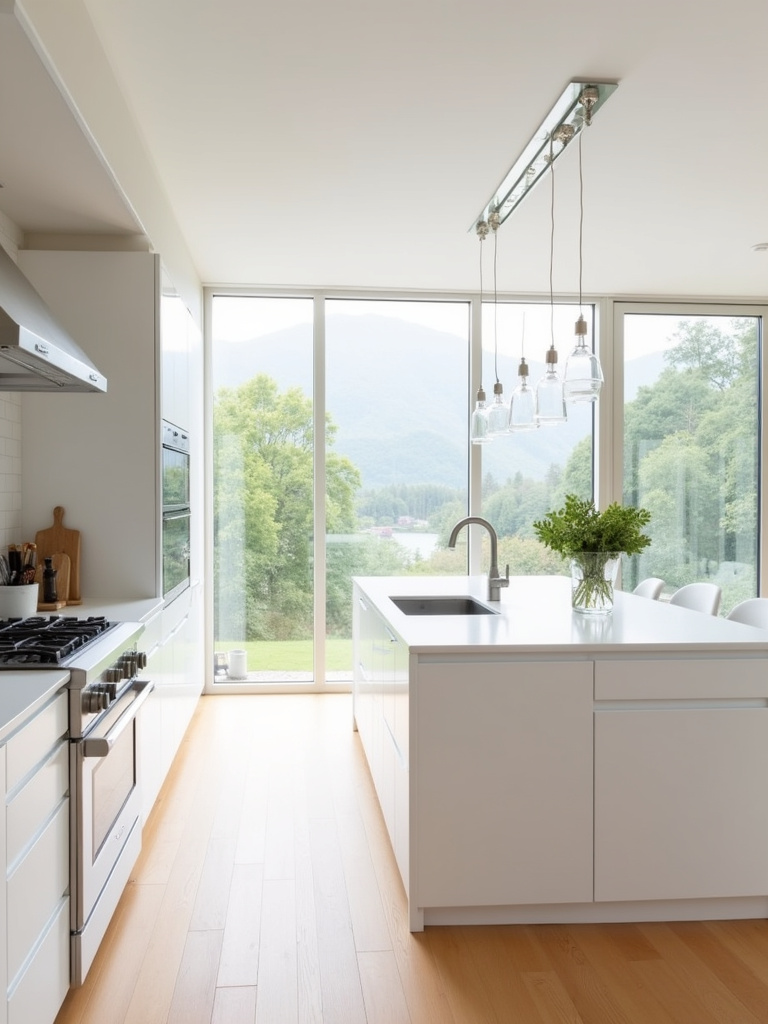 Modern kitchen with sleek handleless white cabinets, light wood flooring, and stainless steel appliances.