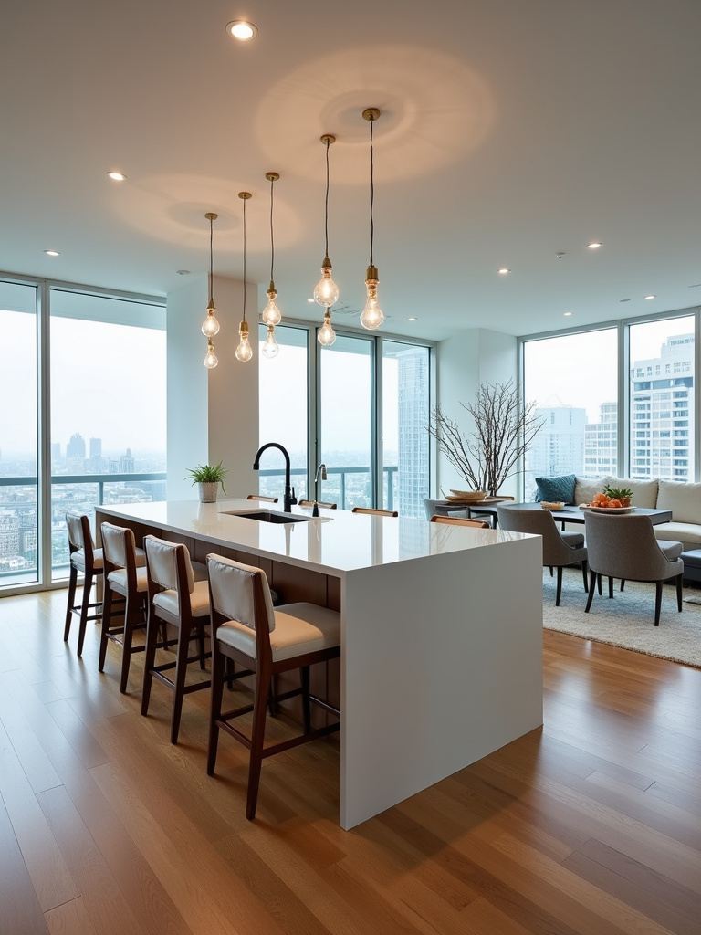 Modern open concept kitchen with a kitchen island serving as a social hub, connecting to the living area.