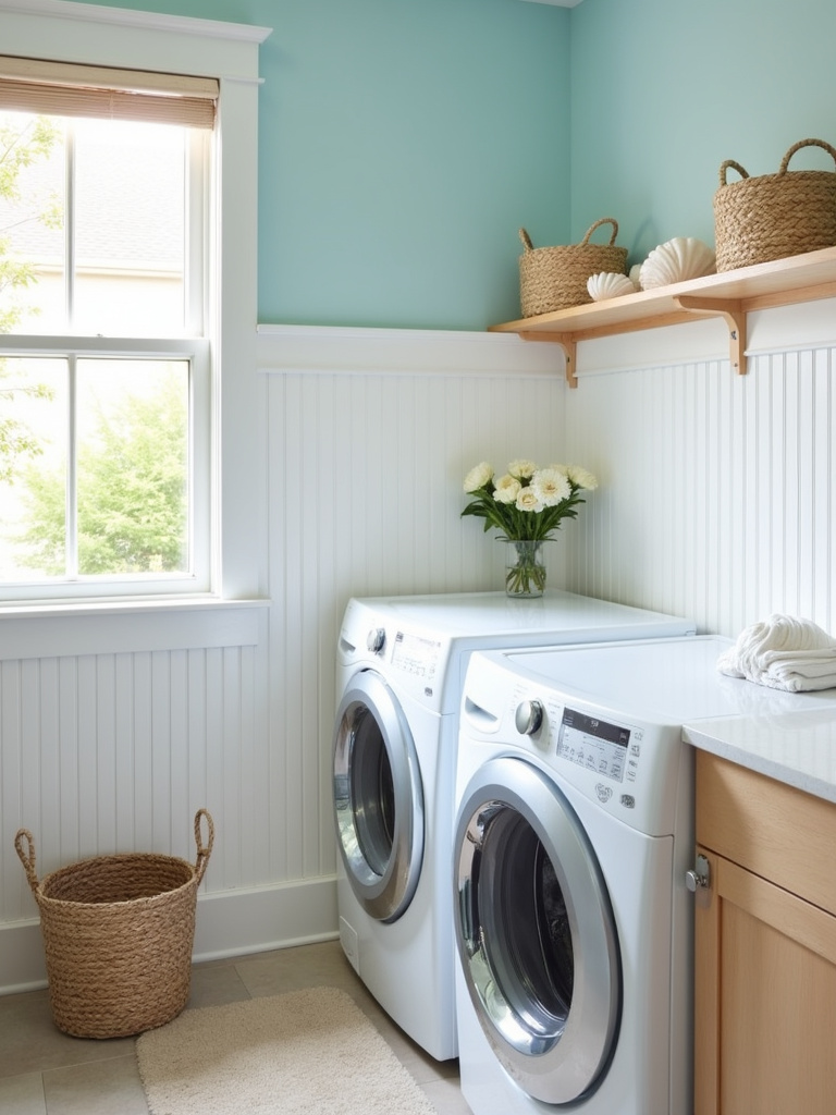 Coastal themed laundry room with pale blue walls and nautical decor accents.