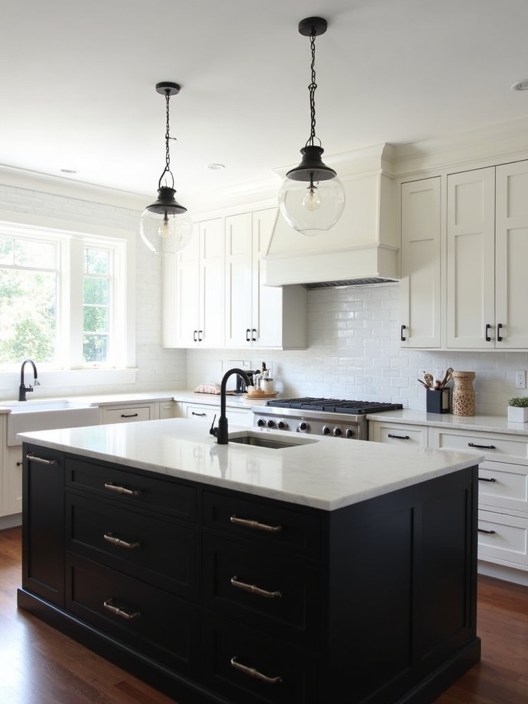 Timeless kitchen featuring a black kitchen island with white Shaker cabinets, a white marble countertop, chrome hardware, and a classic black and white color scheme.
