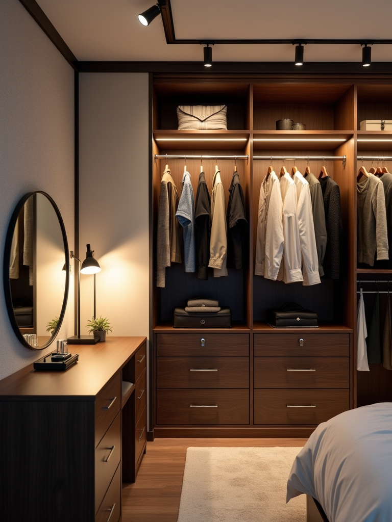 Bedroom dressing area with track lighting illuminating closet and dressing table.