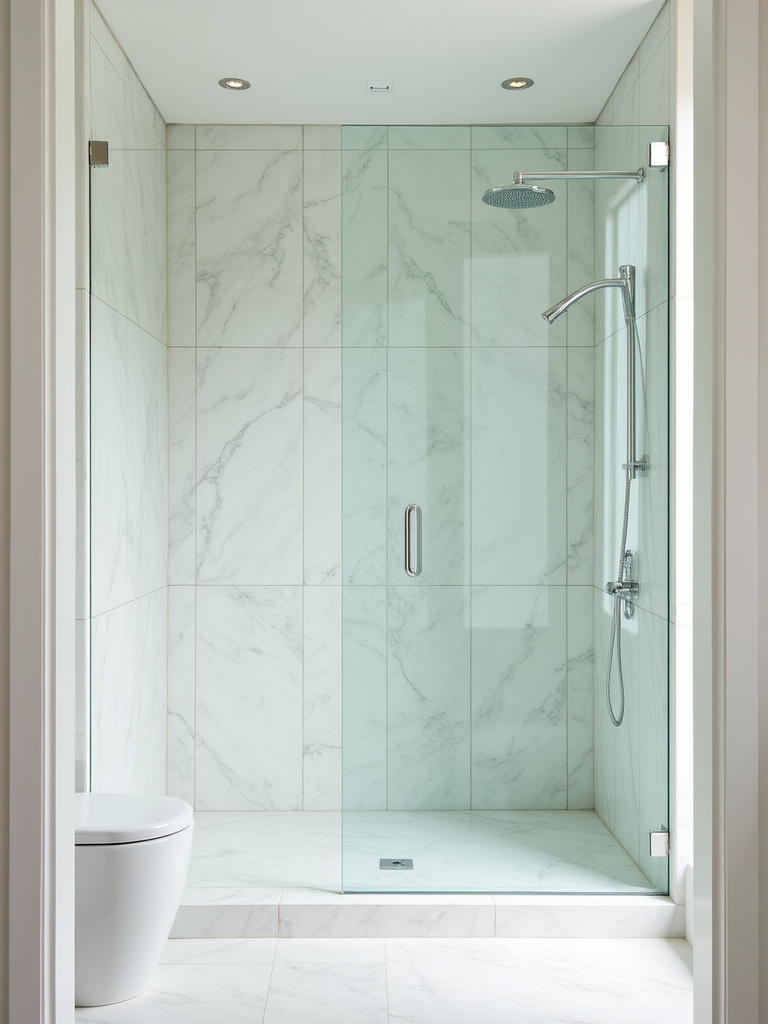Spa-like modern bathroom featuring a frameless glass shower enclosure, creating a seamless and open shower space with a minimalist aesthetic.