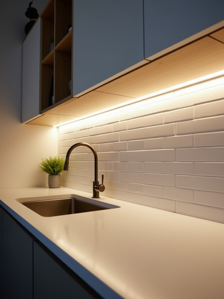 Close-up of under-cabinet LED lighting illuminating a contemporary kitchen countertop and white subway tile backsplash.
