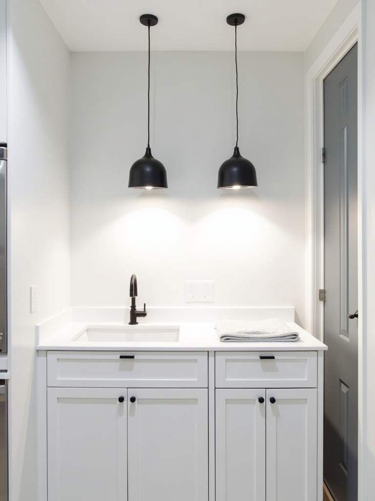 Minimalist modern laundry room with black pendant lights above a white folding countertop, white cabinets, light gray walls, and stainless steel appliances.