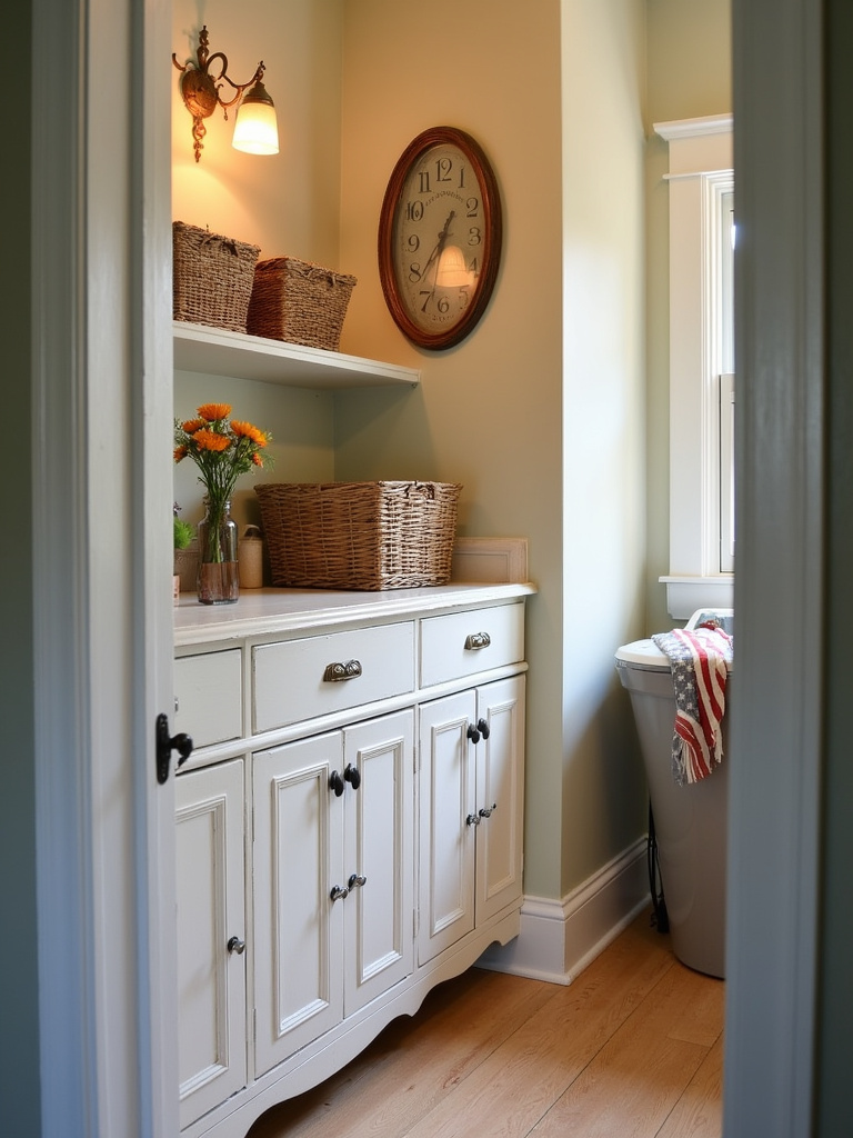 Eclectic laundry room featuring an upcycled distressed white vintage dresser used as a laundry folding station, showcasing repurposed furniture for unique decor.