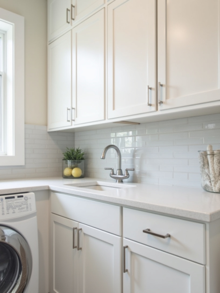 Transitional laundry room showcasing updated brushed nickel cabinet pulls and chrome faucet.