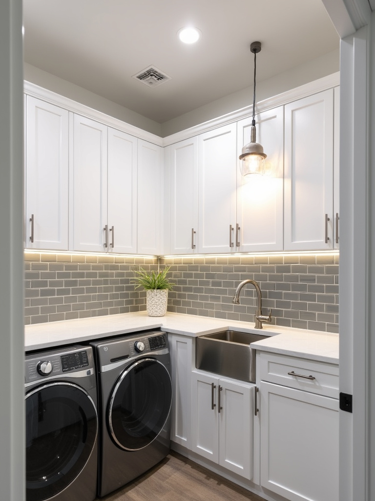 Modern farmhouse laundry room with upgraded recessed, under-cabinet, and pendant lighting.