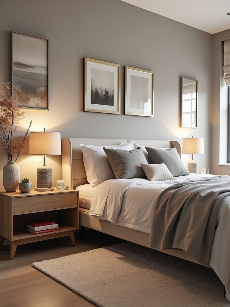 “Contemporary bedroom featuring upgraded nightstands with drawers and shelves, combining style and bedside functionality.”