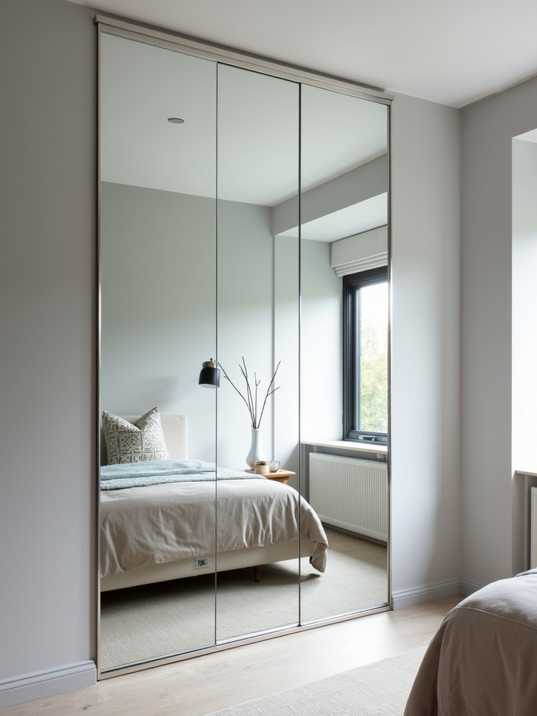 “Small bedroom interior with a large mirror strategically placed to reflect light and visually expand the space.”