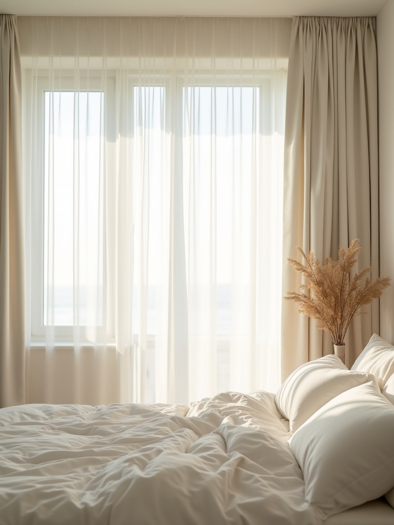 Sheer curtains maximizing natural light and maintaining privacy in a bright small bedroom.