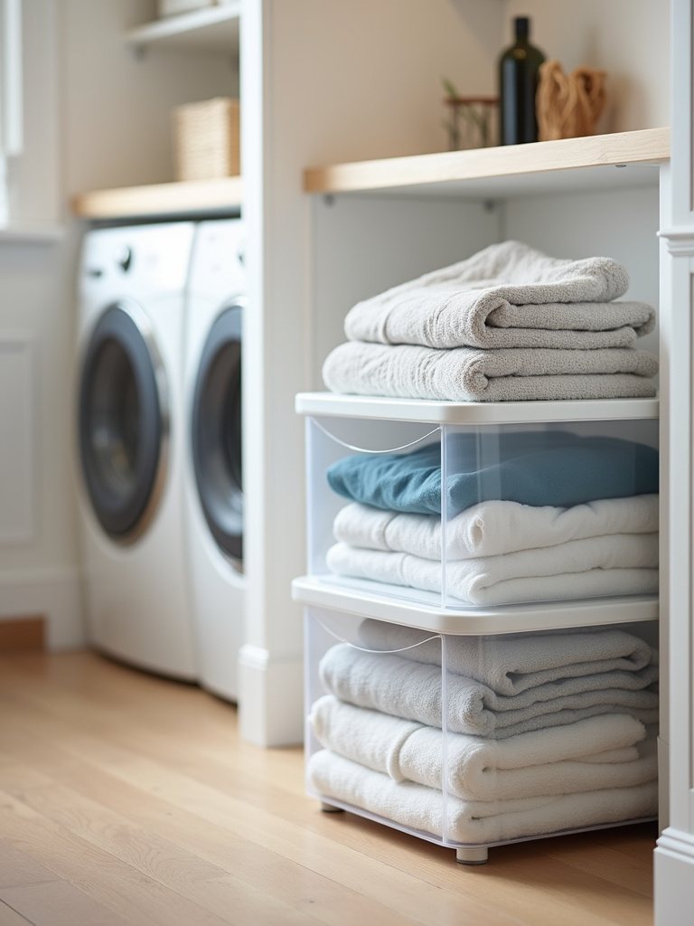 Clear stackable drawer units filled with folded laundry in a contemporary laundry room.