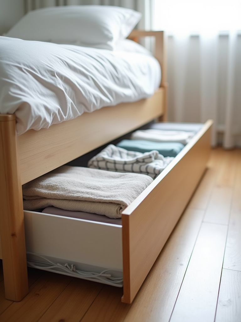 Under-bed storage containers effectively hiding away clutter in a small bedroom.