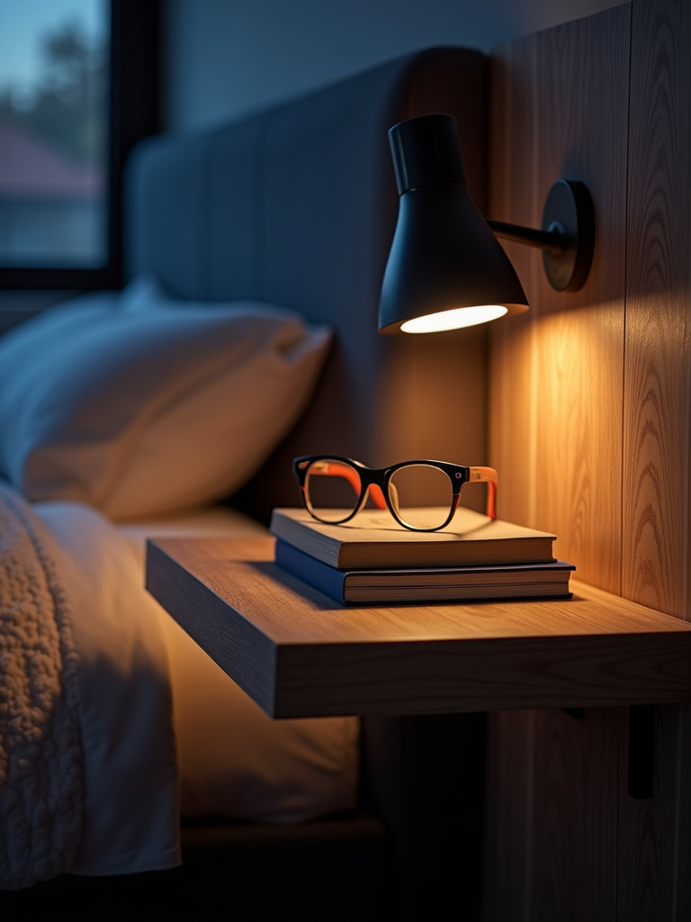 Wall-mounted floating nightstands freeing up floor space in a cozy small bedroom.