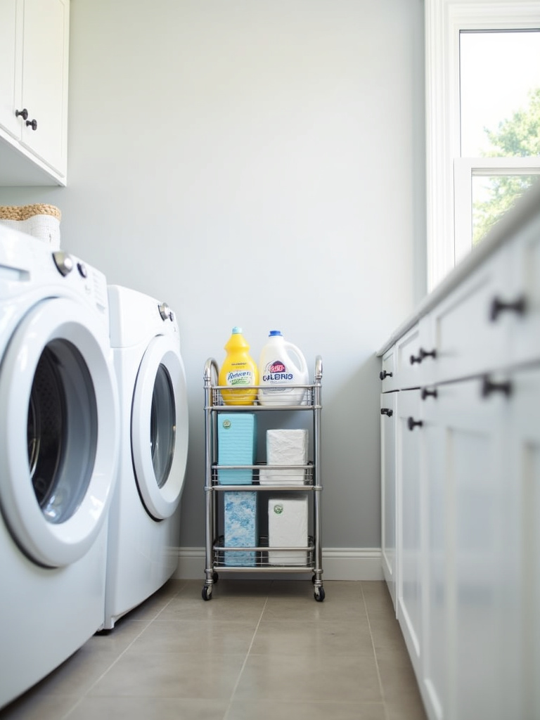 Slim silver rolling cart filled with laundry supplies in a minimalist laundry room.