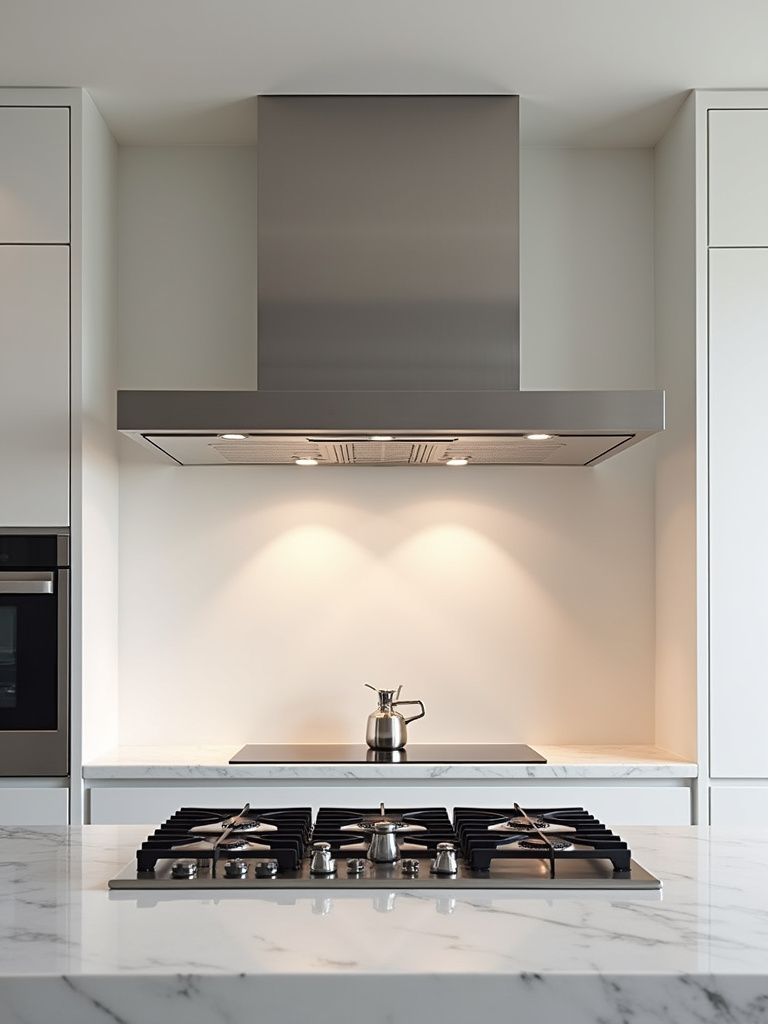 Contemporary kitchen with a sleek, minimalist stainless steel range hood integrated into modern ceiling design.