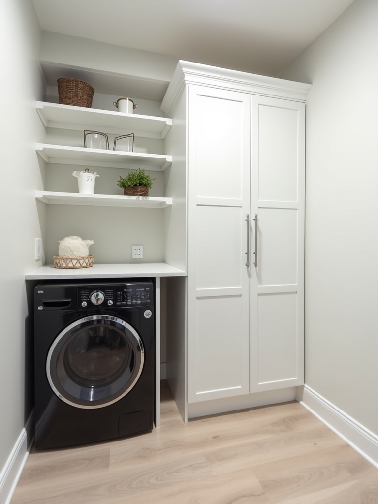 Modern laundry room with a tall white vertical storage tower cabinet.