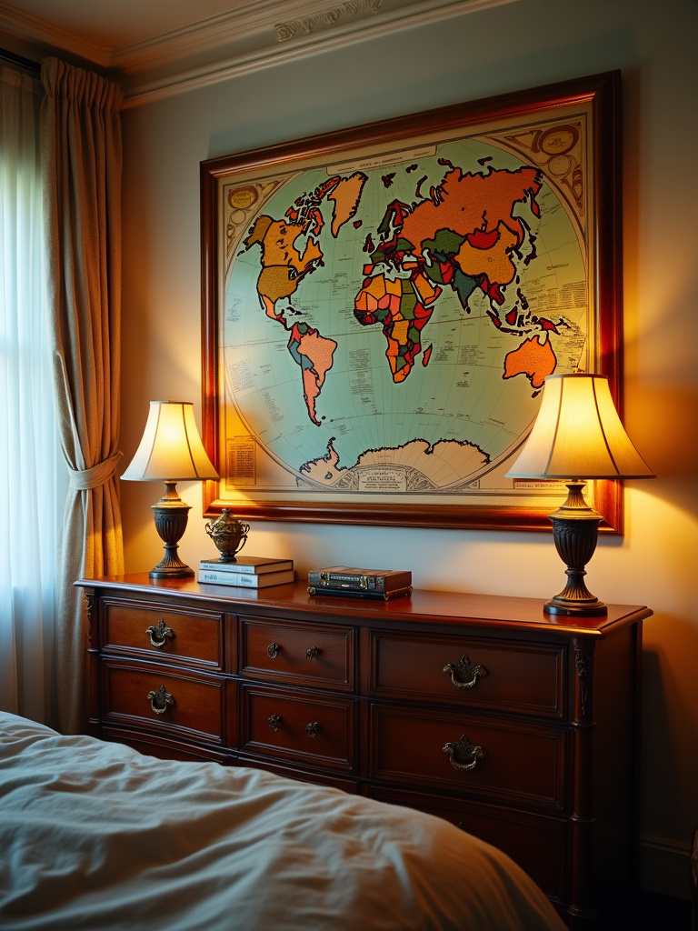 Vintage bedroom interior featuring a large framed vintage world map hanging above a wooden dresser with antique lamps, bathed in warm lamplight.