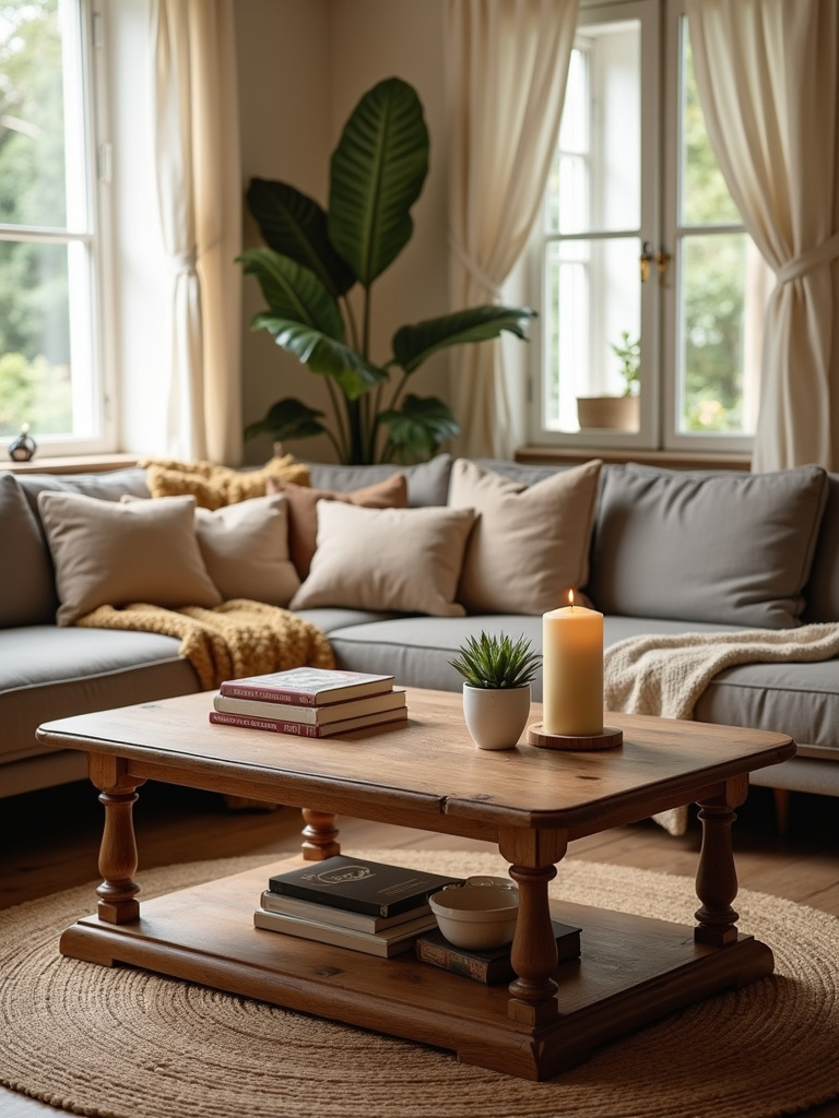 Boho living room centered around a vintage wooden coffee table styled with books and candles, adding character and warmth.
