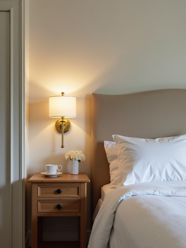 Bedroom with brass wall sconces mounted above nightstands, providing bedside lighting.