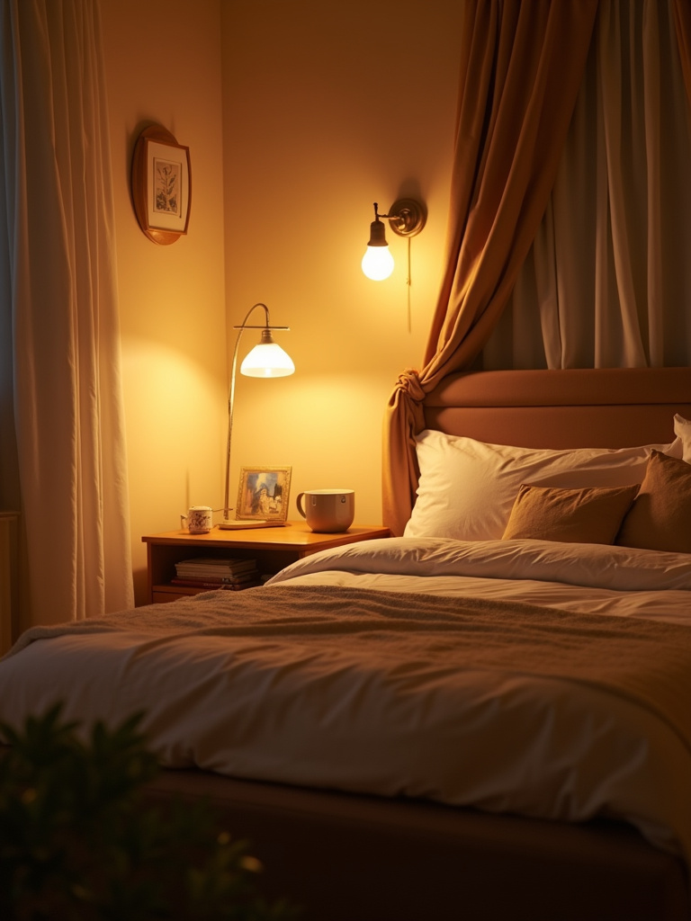 Bedroom interior bathed in warm white light from lamps and fixtures, creating a cozy atmosphere.