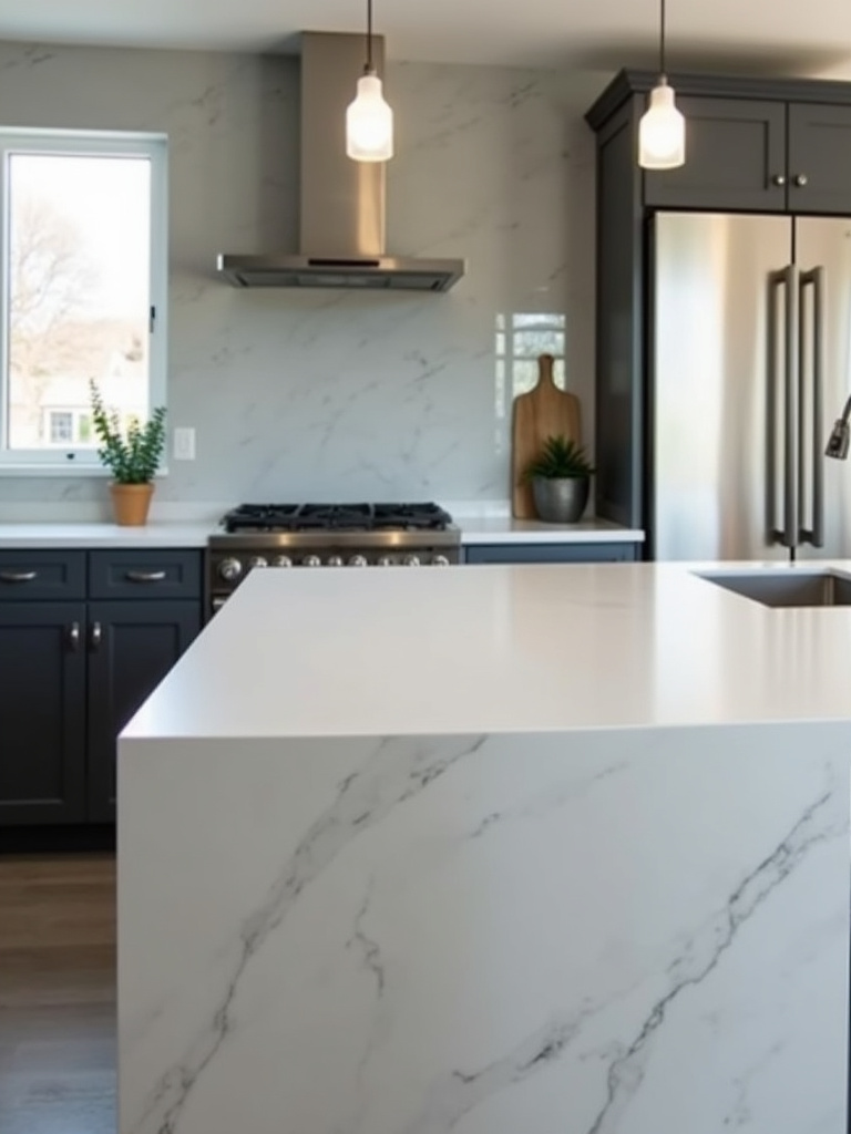 Contemporary kitchen island featuring a white quartz waterfall countertop.