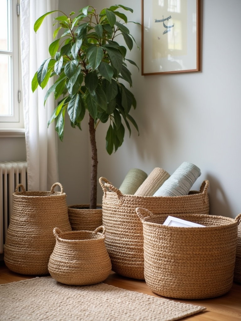 Boho living room corner with a collection of woven baskets in various sizes and textures, providing stylish storage.