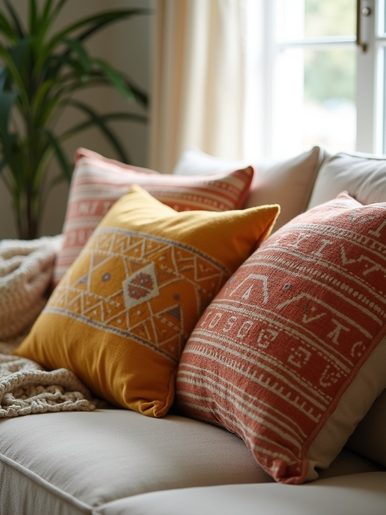 Close-up of boho throw pillows in earthy tones and patterns arranged on a sofa, showcasing texture and warmth.