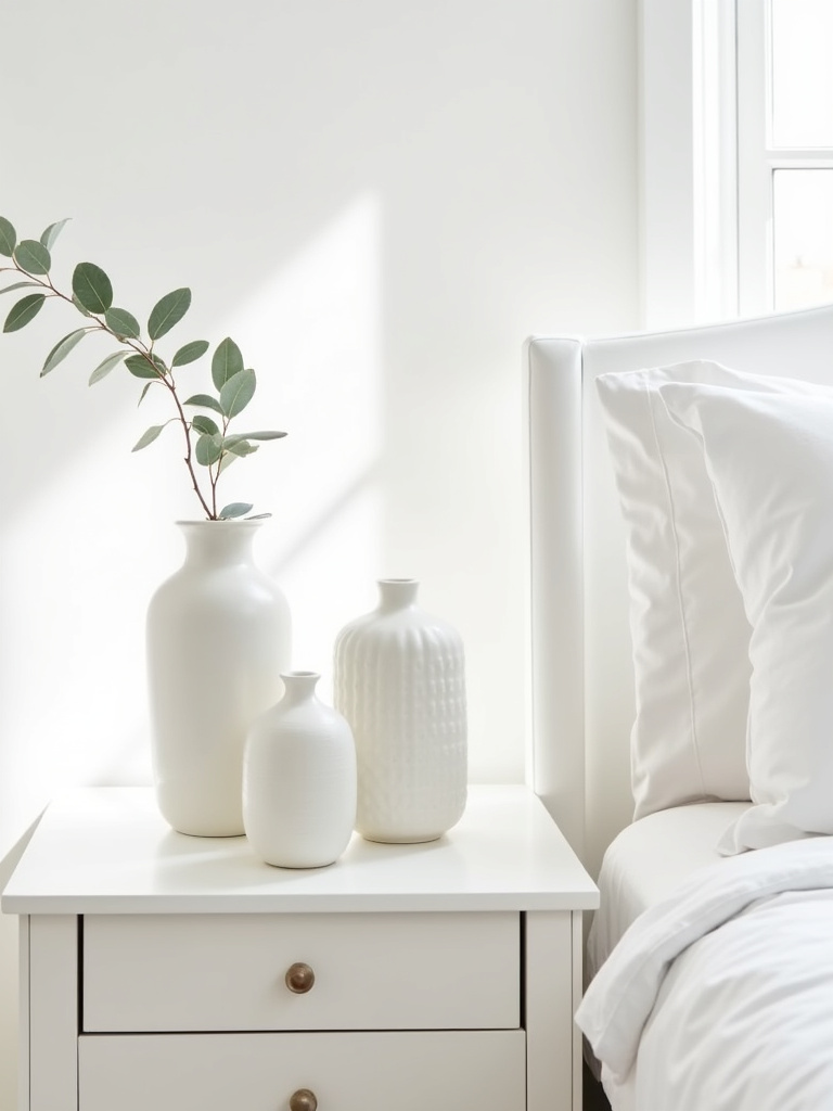 White bedroom with white nightstand and collection of white ceramic vases.