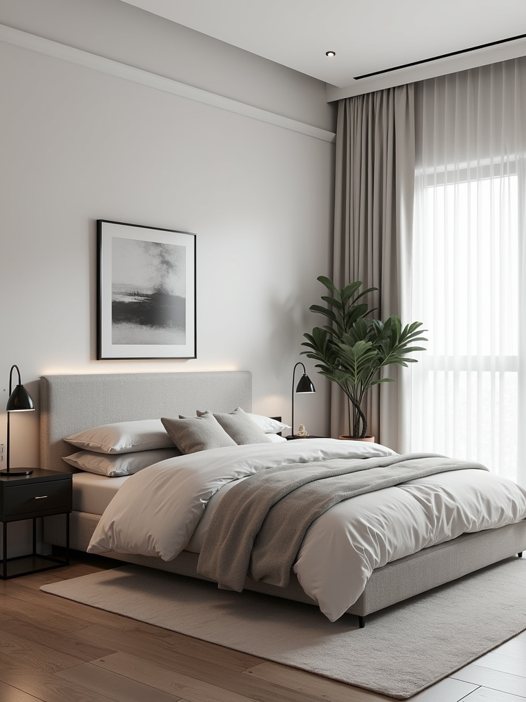 Modern bedroom interior design with neutral colors and minimalist furniture for a timeless and elegant look