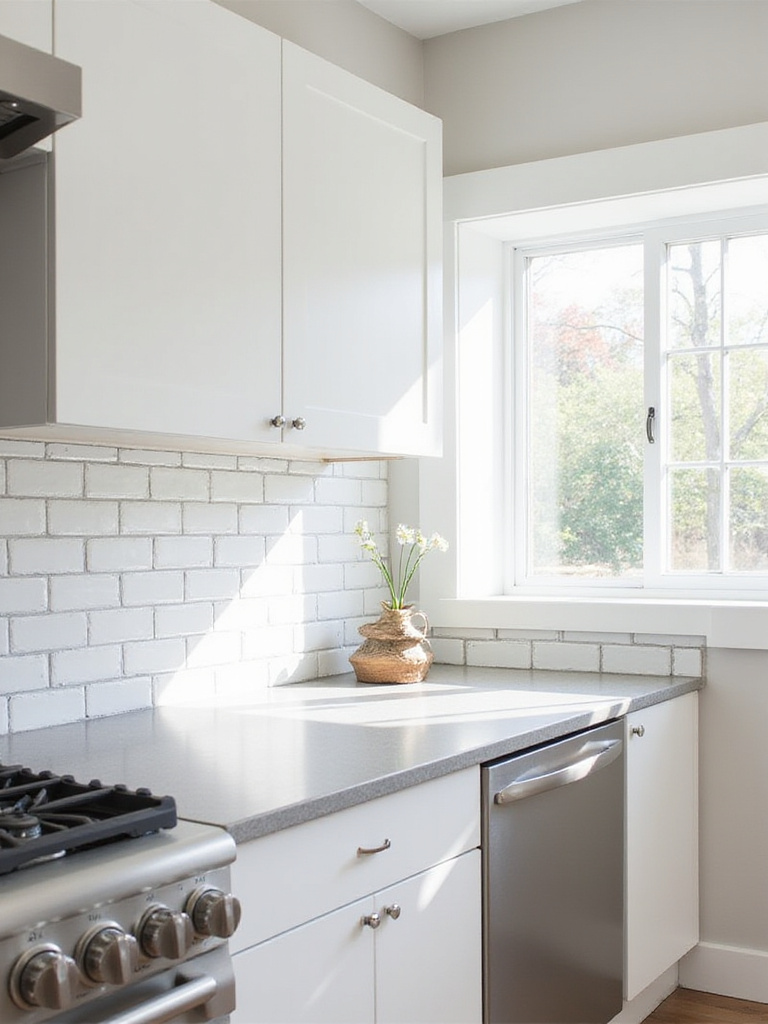 Modern kitchen with white cabinets and peel and stick subway tile backsplash.