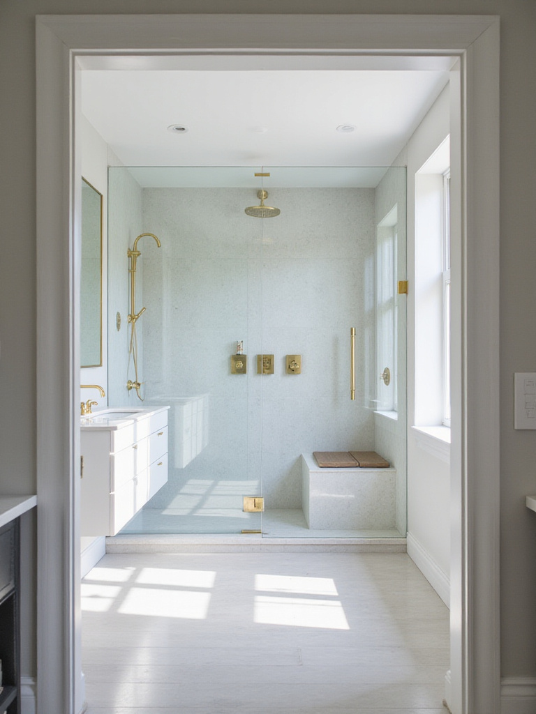 Modern bathroom with white and gray color scheme featuring brass faucet, showerhead, and cabinet hardware.