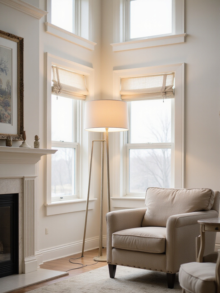Living room with tall floor lamp providing warm ambient light
