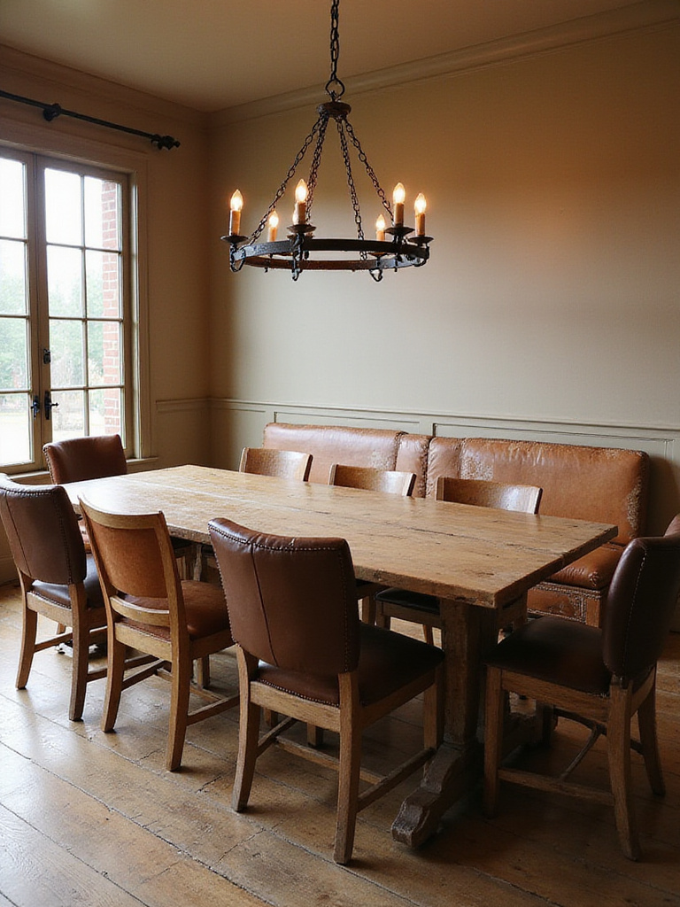 Rustic dining room with leather chairs and bench