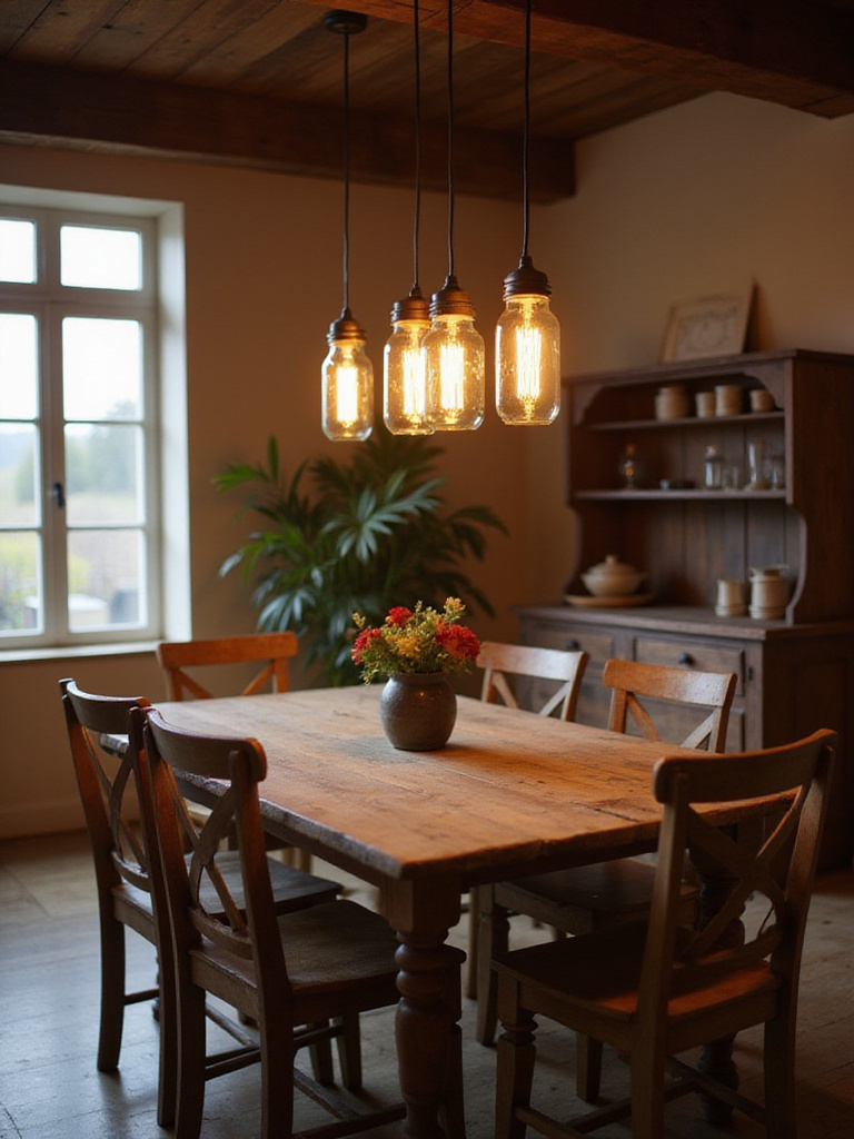Rustic dining room with mason jar pendant lights illuminating the table