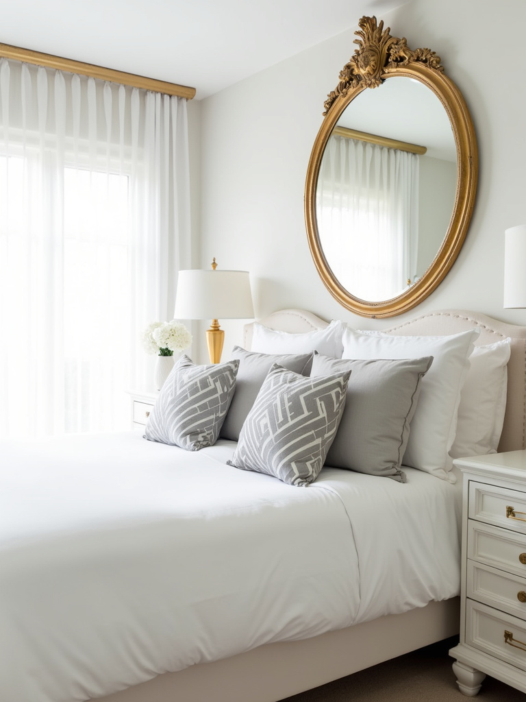 White bedroom with gold and silver metallic accents for a glamorous look.