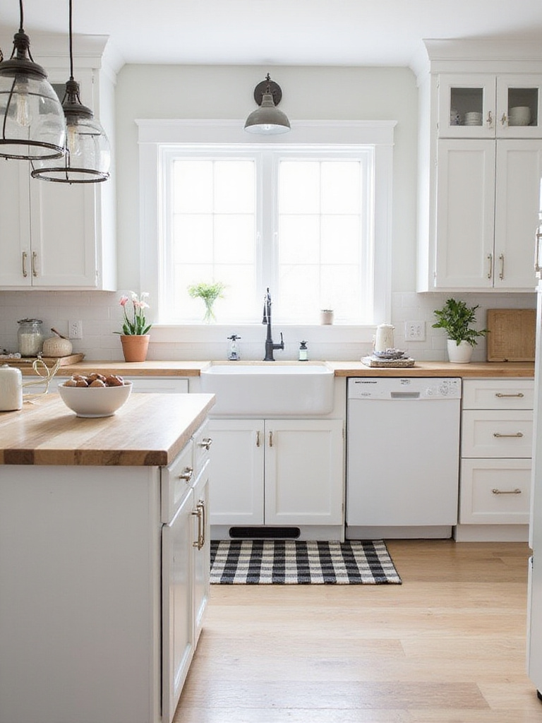Farmhouse kitchen with white cabinets, butcher block island, and black and white checkered rug.