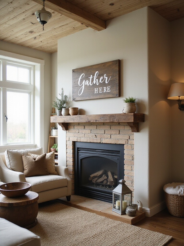 Rustic living room with hand-painted wood sign reading "Gather Here" above fireplace.