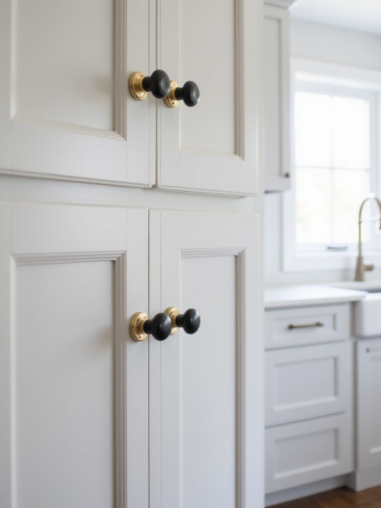 Kitchen cabinets with mixed metal hardware pulls in brass and matte black