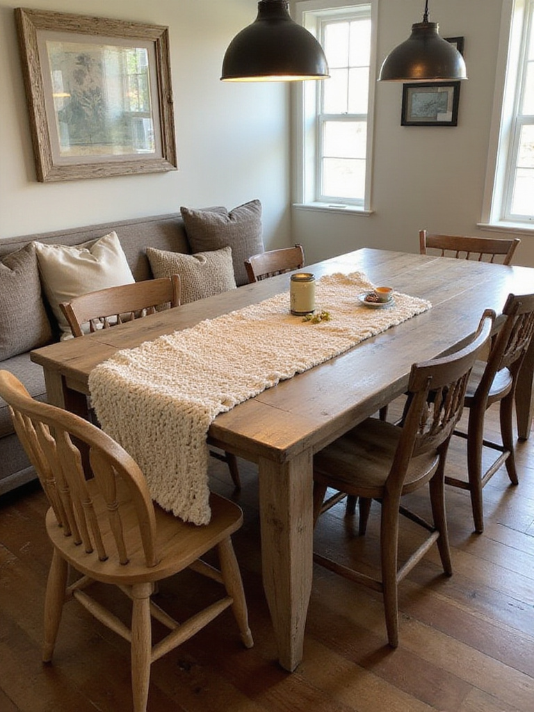 Rustic dining room with cozy throw blanket and pillows on seating