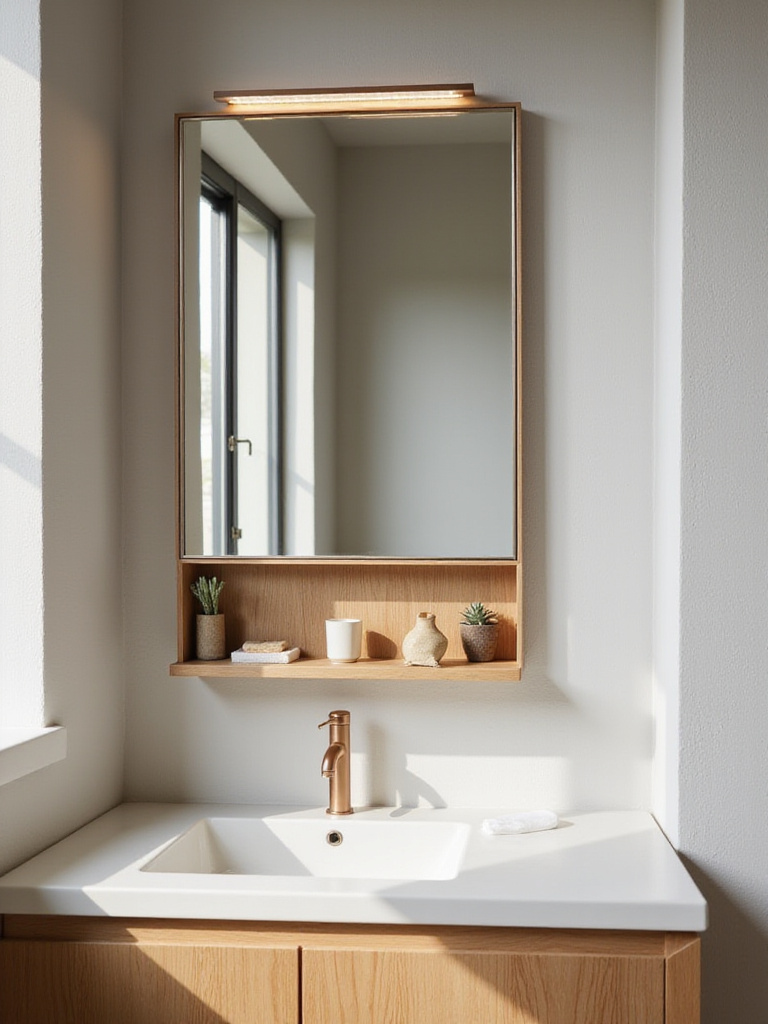 Bathroom mirror with built-in wooden shelf holding toiletries and a succulent.