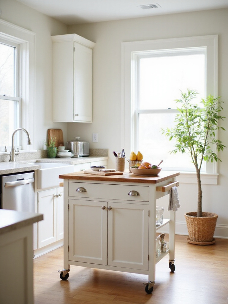 Kitchen with a kitchen island cart providing extra storage and workspace.
