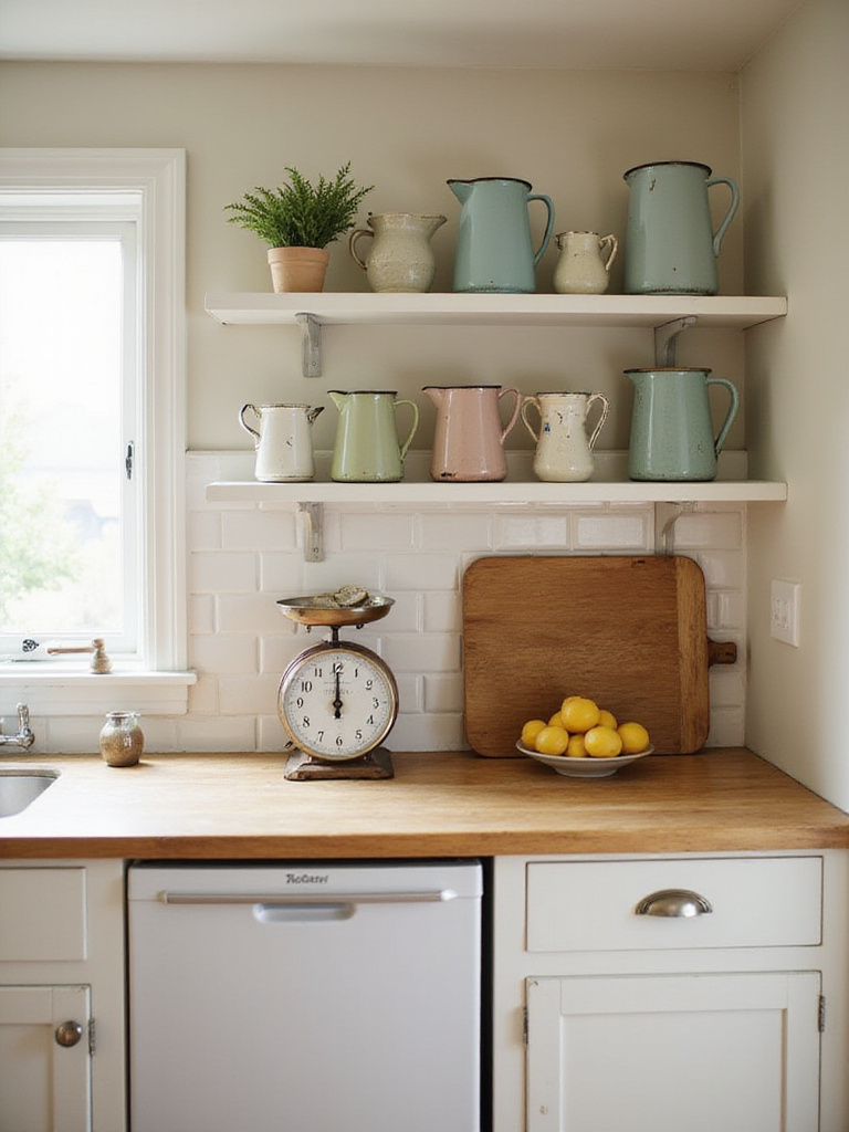 Farmhouse kitchen with vintage enamelware pitchers on open shelving